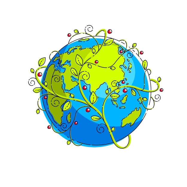 Planet earth with green leaves floral ornate design, vector emblem or illustration isolated on white.