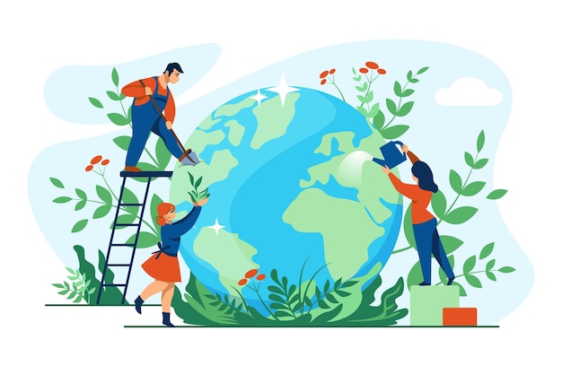 Planet ecology concept People taking care of globe and environment Men and women planting and watering or cleaning Earth Protection and conservation of nature vector pure world