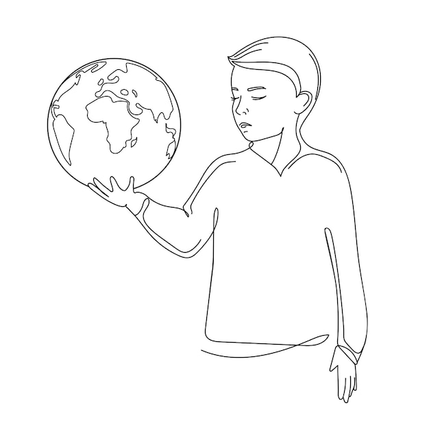 Planet globe in the palm of a child boy abstract Line Art vector illustration