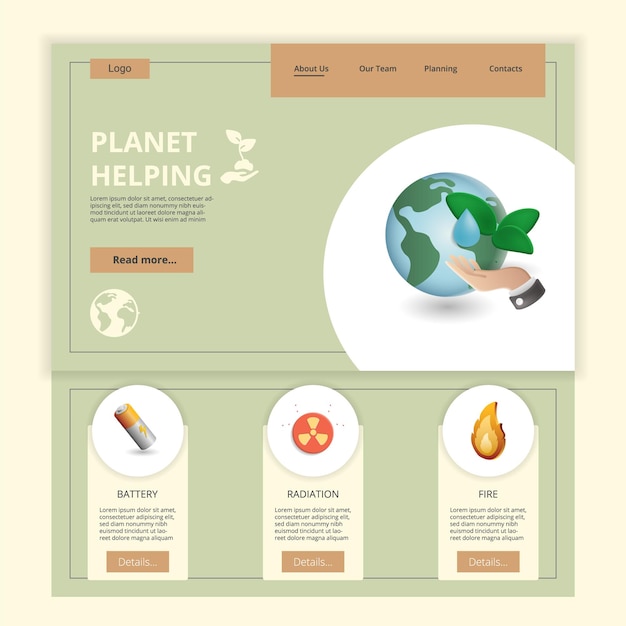 Planet helping flat landing page website template battery