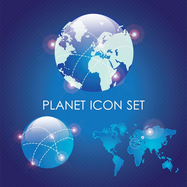 Planet icons set on dark blue background Vector illustration