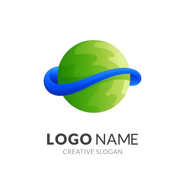 Planet logo design logo with 3d green and blue color style