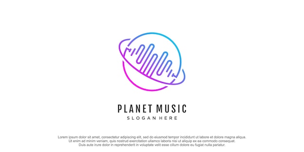 Planet music logo with modern gradient line art style premium vector