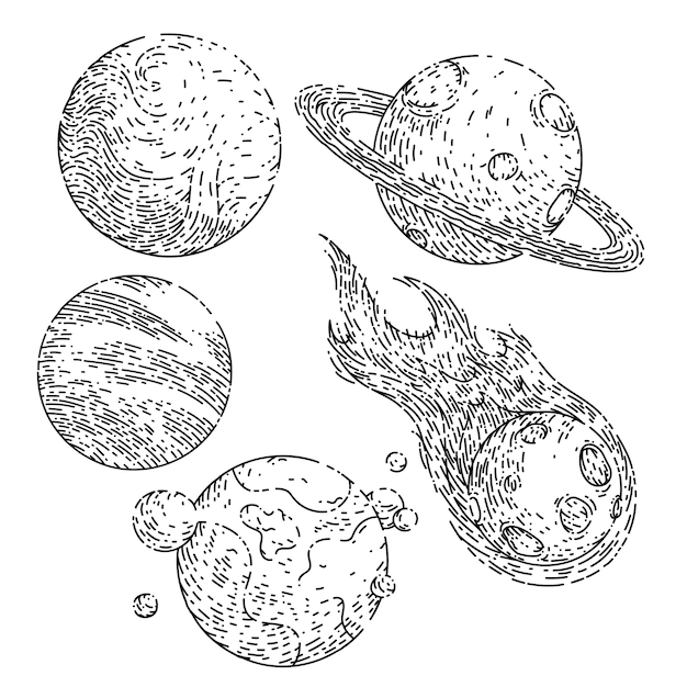 Planet space set sketch hand drawn vector