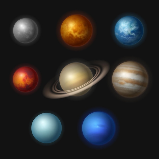 Planet systems. Realistic universe objects stars systems astronomy moon gravity jupiter vector collection. Illustration mars and jupiter, realistic solar planetary cosmos