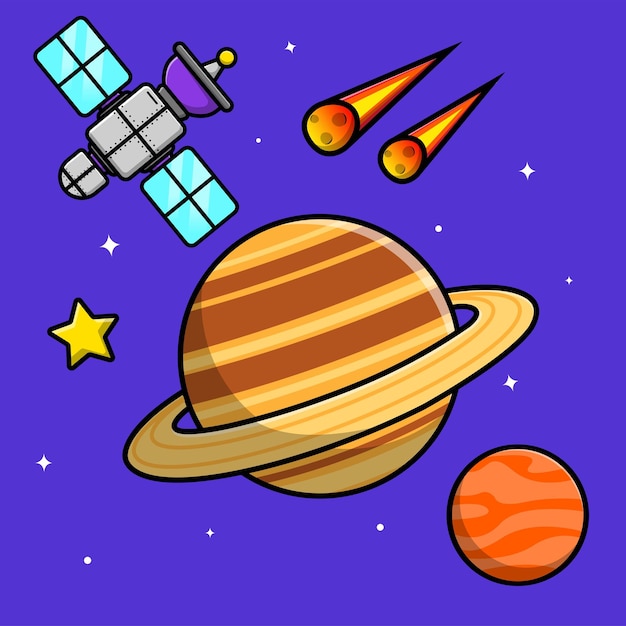 Planet With Satellite And Meteorite Cartoon Vector Icon Illustration