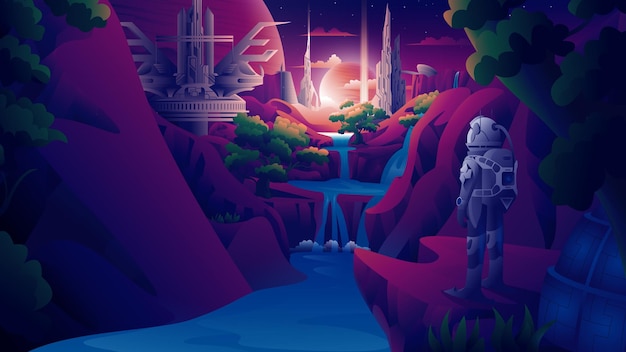 A planetary sci-fi landscape, astronauts stand on rocks, explore the world of futuristic technology.