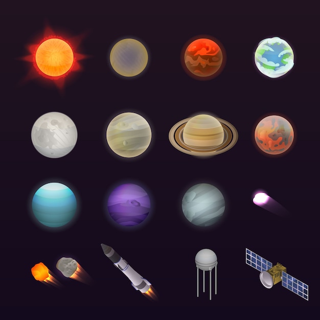 Planets icon set. Isometric set of planets vector icons for web design isolated on white background