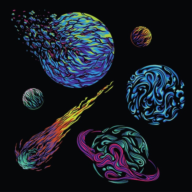 Planets Packs Illustration in Psychedelic Style