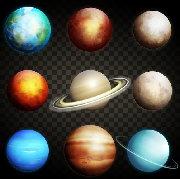 Planets of the solar system isolated on a transparent background Set of realistic planets vector il