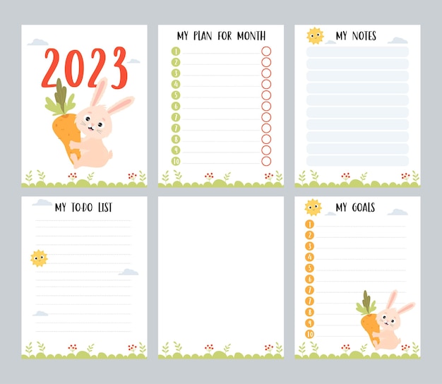 Planner 2023 with cute bunny Set vertical page templates todo list plan and notes organizer sticker