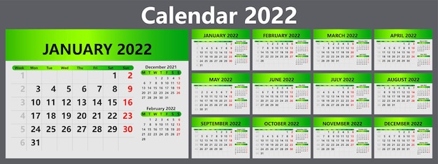 Planner calendar for 2022 with week numbers Template for a wall calendar for a company