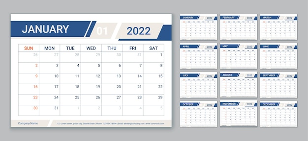 Planner, calendar 2022 year. Calender template. Week starts Sunday. Yearly organizer.