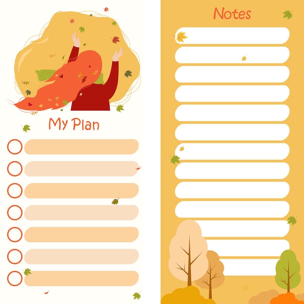 Planner My Plan and Notes Fall affairs planner girl and autumn leaves with list notes  organizer