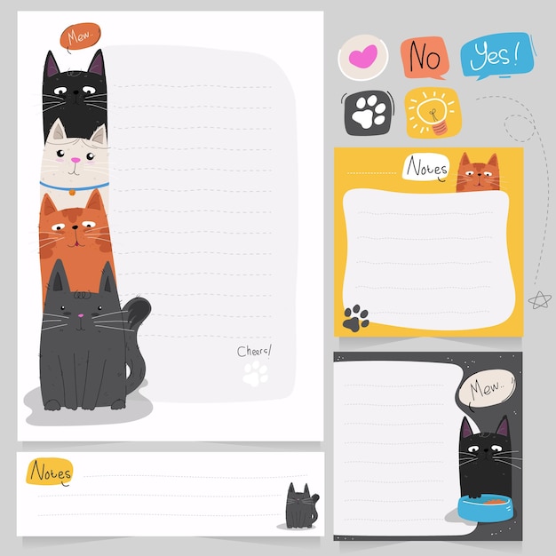 Planner and note pack with hand drawn cute cat illustration theme