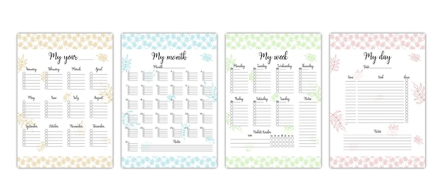 Planner templates Vector set of colorful printable task organizers for year month week and day Blank personal planner book pages Tropical leaf design