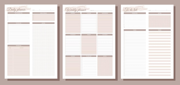 Planners set Daily weekly to do list Blank white notebook page A4