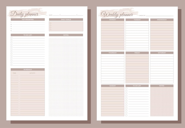 Vector planners set daily and weekly planners blank white notebook page a4