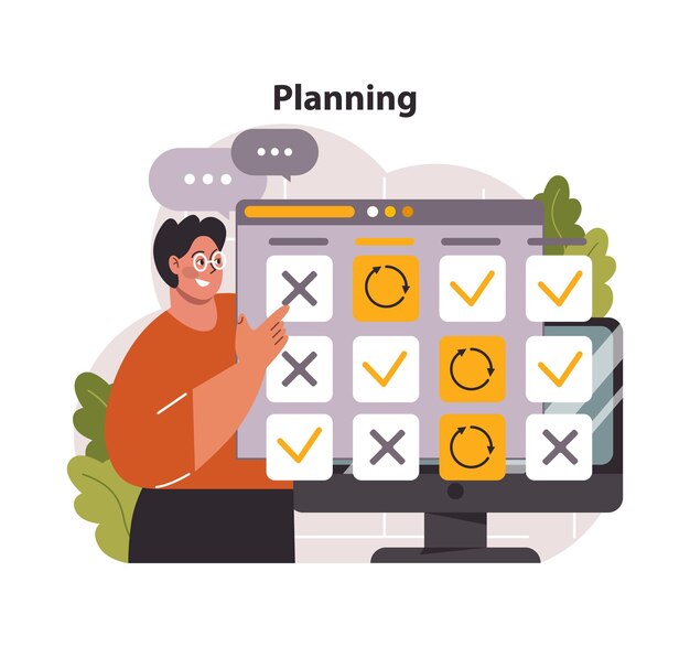 Vector planning concept man interacting with a digital calendar scheduling tasks marking deadlines and