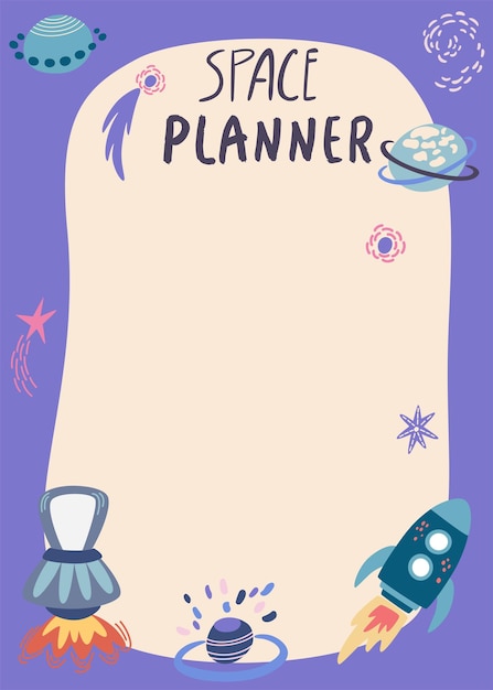 Planning list with space Planner with spaceships stars and planets Template for agenda schedule notebooks cards Cartoon Vector illustration