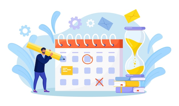 Planning schedule. Businessman checking events Date on Huge Calendar. Effective Time Management. Employee organizing Life Events Notification, Memo Reminder, Work Plans. Man scheduling appointments