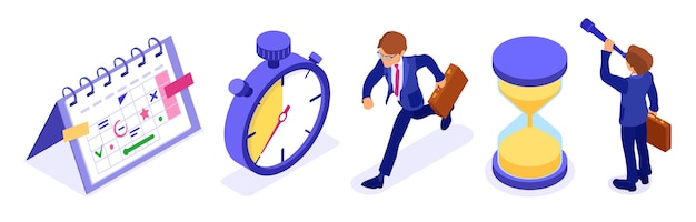 Planning schedule time management with stopwatch schedule calendar and hourglass businessman with briefcase and spyglass for new opportunities. deadline time isometric business  