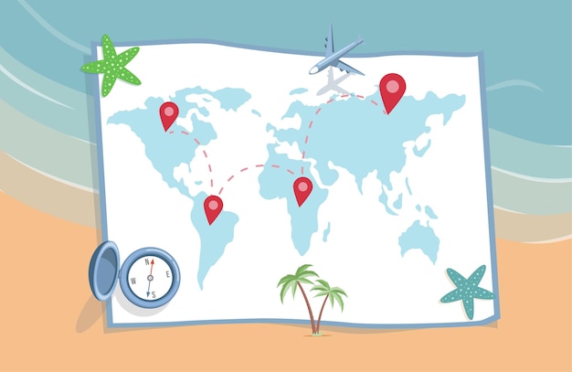 Planning summer vacation journey vector flat illustration world map with