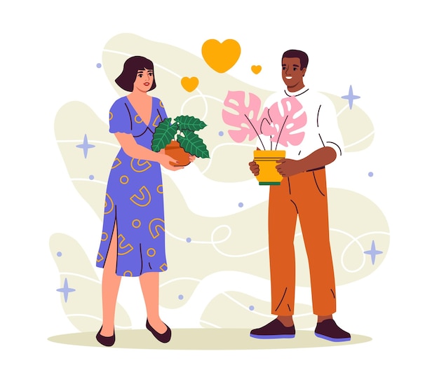 Plant care people concept man and woman near flowerpot with plants botany and floristry element of