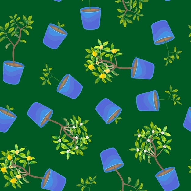 Plant Growing Lemon Tree in Pot Seamless Pattern Background Vector