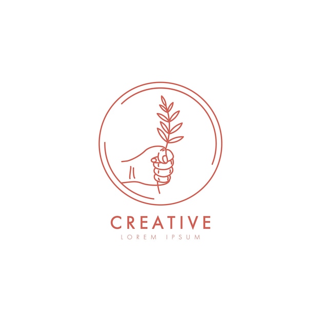 Plant in a hand icon elegant logo template in trendy linear minimal style.