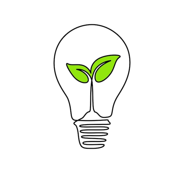 Plant inside Lightbulb in one continuous line drawing Creative concept of Green energy and environmental friendly sources in simple linear style Editable stroke Doodle Vector illustration