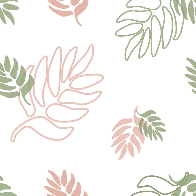 Plant leaves seamless pattern in pink and green colors Hand drawn foliage