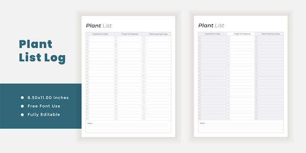 Plant list log book journal and minimalist planner printable pages templates