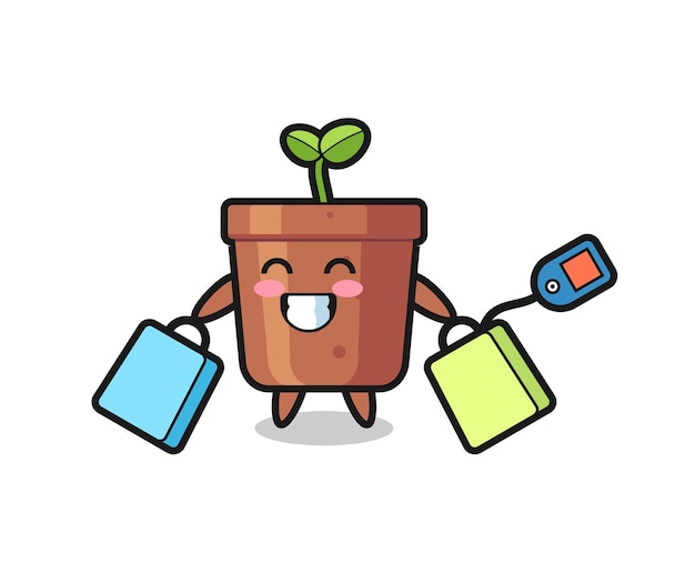 Vector plant pot mascot cartoon holding a shopping bag