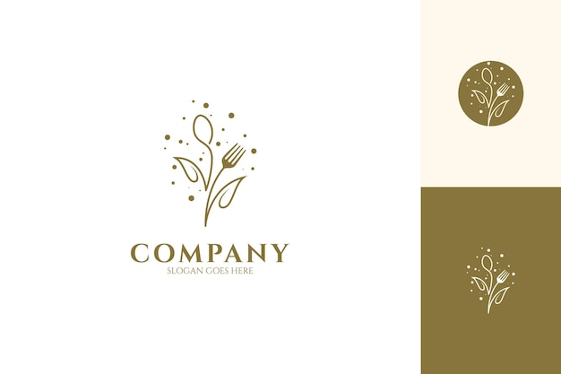 Plant or tree logo with cutlery simple line art design style organic food healthy diet menu restaurant and natural food products