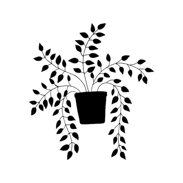 Plant with leaves in a pot room decor nature doodle cartoon coloring linear