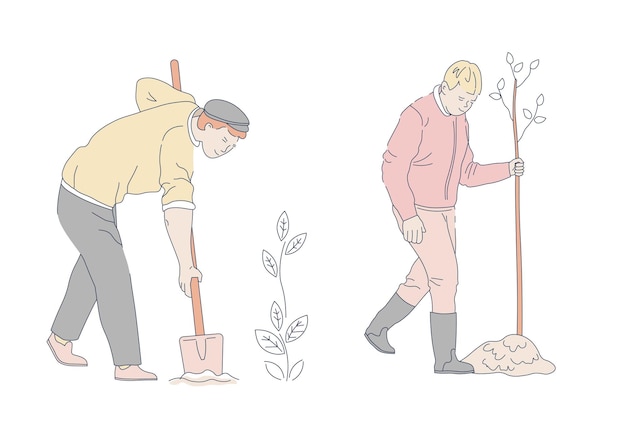 Planting tree men in rubber boots and with spade isolated characters