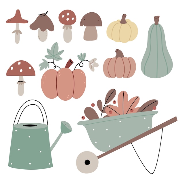 Plants in the autumn gardenSet with mushrooms and pumpkinsAgricultureAutumn atmosphere