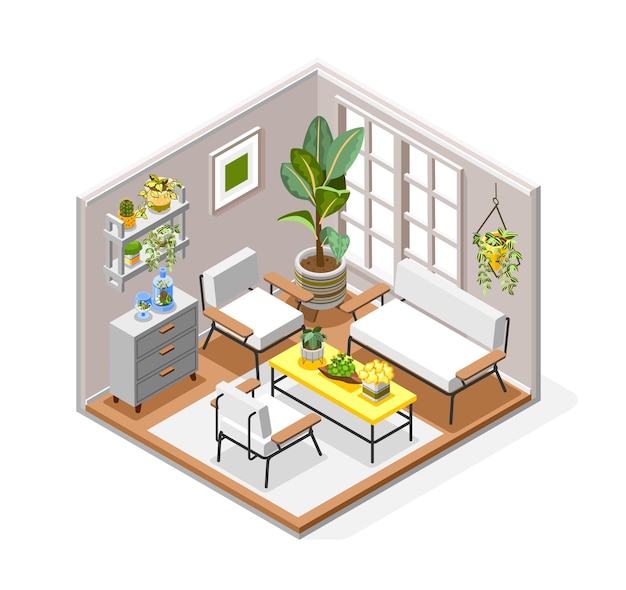 Vector plants concept with houseplants and interior decoration isometric vector illustration