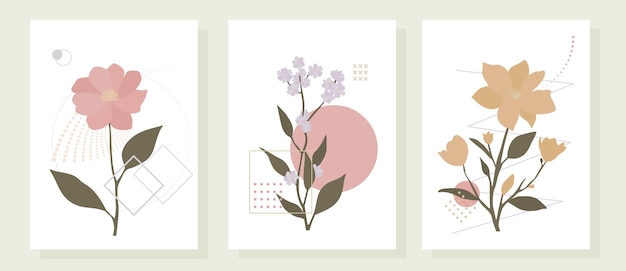 Plants and flowers in the Bauhaus style patterns with simple geometry