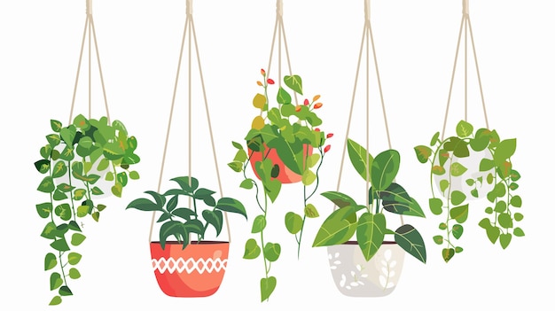 Vector plants hanging from hooks that have a white background