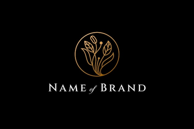 Plants logo in luxury gold color in circle frame with line art design style