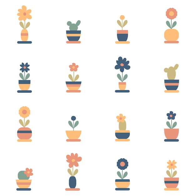 Plants in pots collection for stickers tshirts postcards Trendy minimalism design Flat style vector illustration