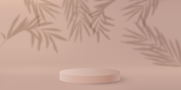 Plants shadows and pedestal mockup on light brown background