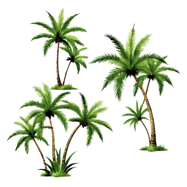 Plants of tropical forest realistic set of coconut palm trees with green leaves isolated on white ba