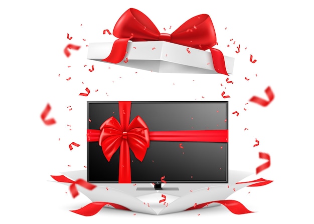 Plasma tv with red ribbon and bow inside open gift box 3D rendering Gift concept Realistic vector illustration isolated on white background