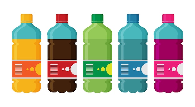 Plastic beverage bottles icon set Bottled cold drinks flat vector illustration