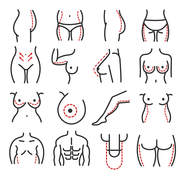 Plastic body cosmetic surgery vector line icons set