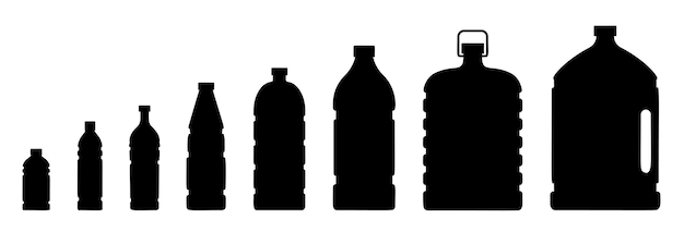 Plastic bottle for clean mineral water icon set different shapes flask black solid symbol Recycling container blank silhouette sign for liquid product isolated on white Tare for beverage