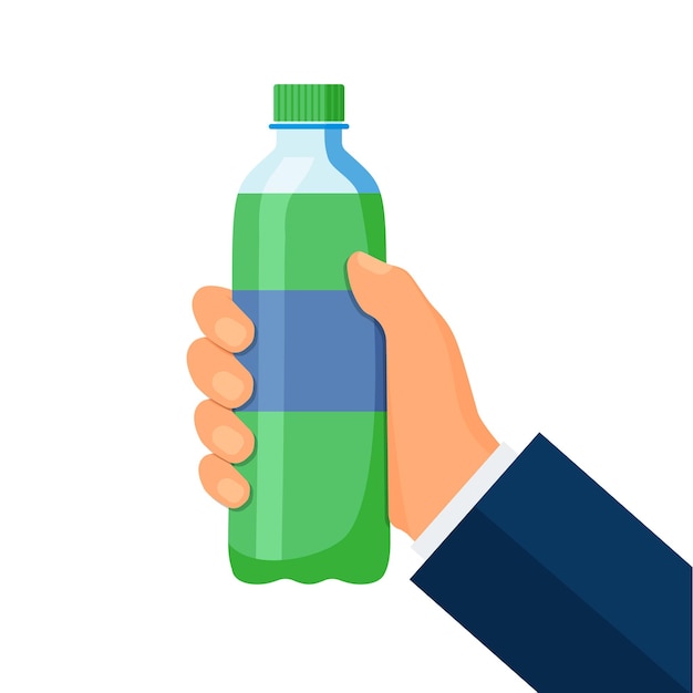 Plastic bottle of soda hold in hand Vector illustration in flat style